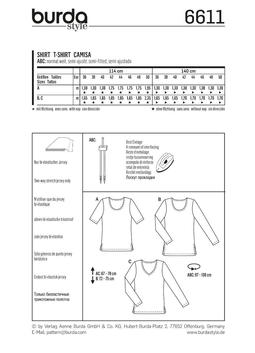 Burda Sewing Pattern 6611 Shirt - Ribes y Casals
