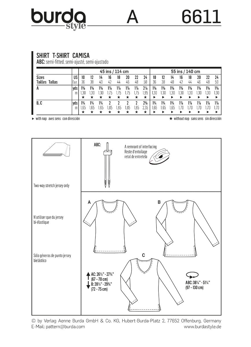 Burda Sewing Pattern 6611 Shirt - Ribes y Casals