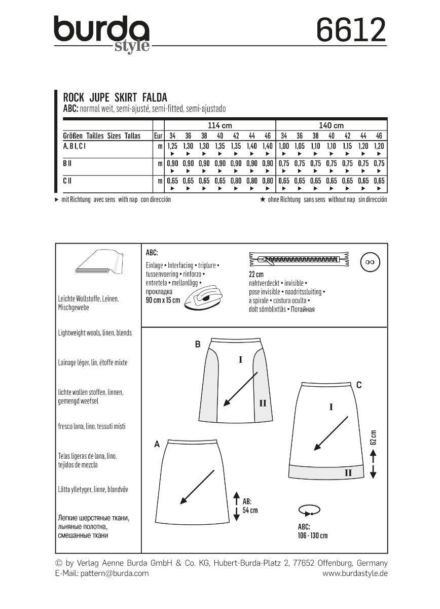 Burda Sewing Pattern 6612 Skirt - Ribes y Casals