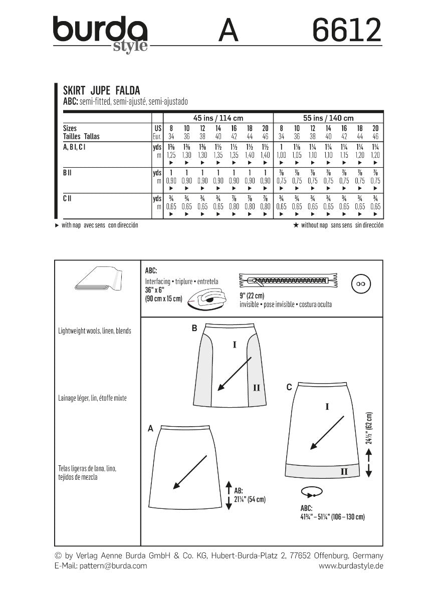 Burda Sewing Pattern 6612 Skirt - Ribes y Casals