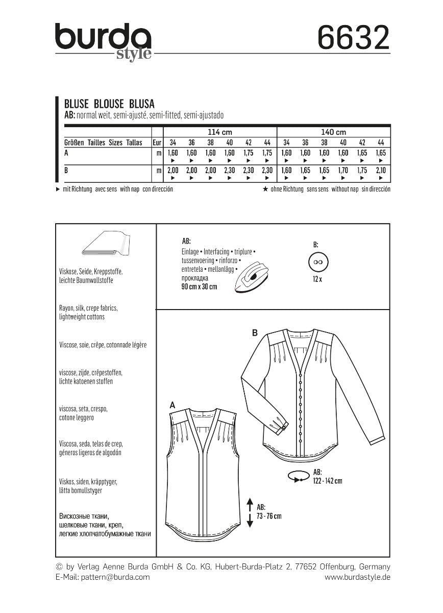 Burda Sewing Pattern 6632 Blouse - Ribes y Casals