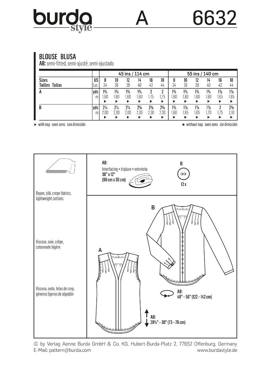 Burda Sewing Pattern 6632 Blouse - Ribes y Casals