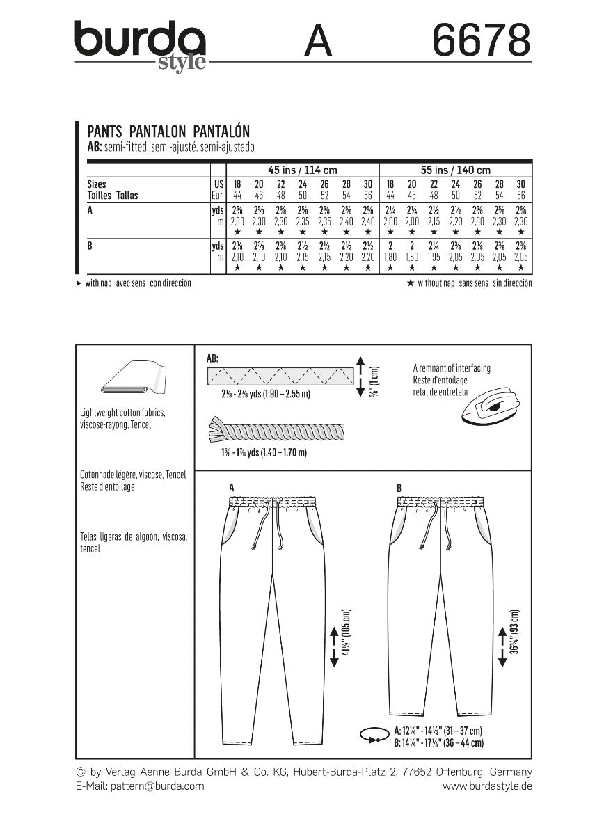 Burda Sewing Pattern 6678 Pants - Ribes y Casals