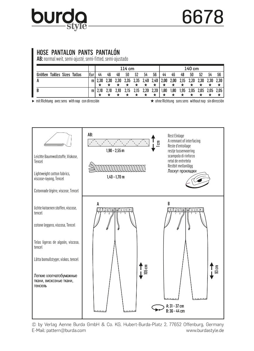 Burda Sewing Pattern 6678 Pants - Ribes y Casals