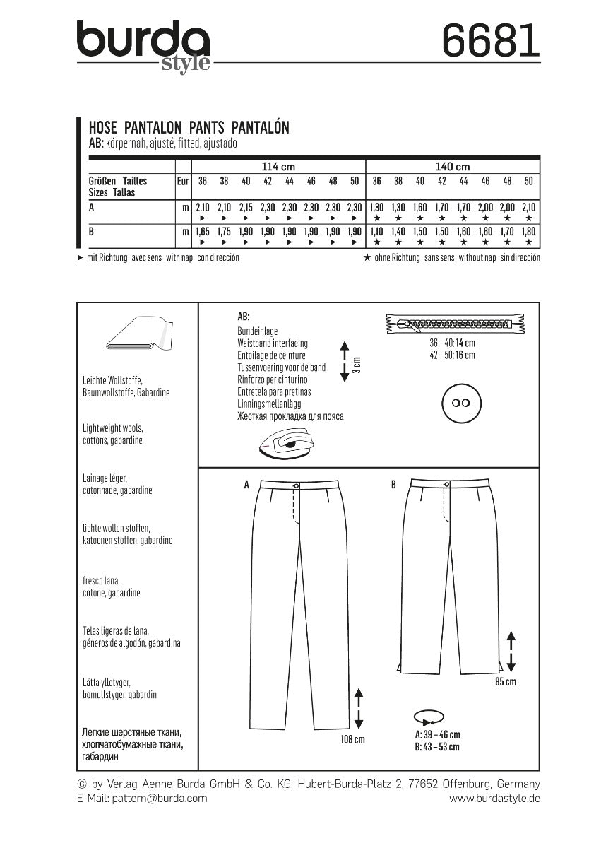 Burda Sewing Pattern 6681 Pants - Ribes y Casals