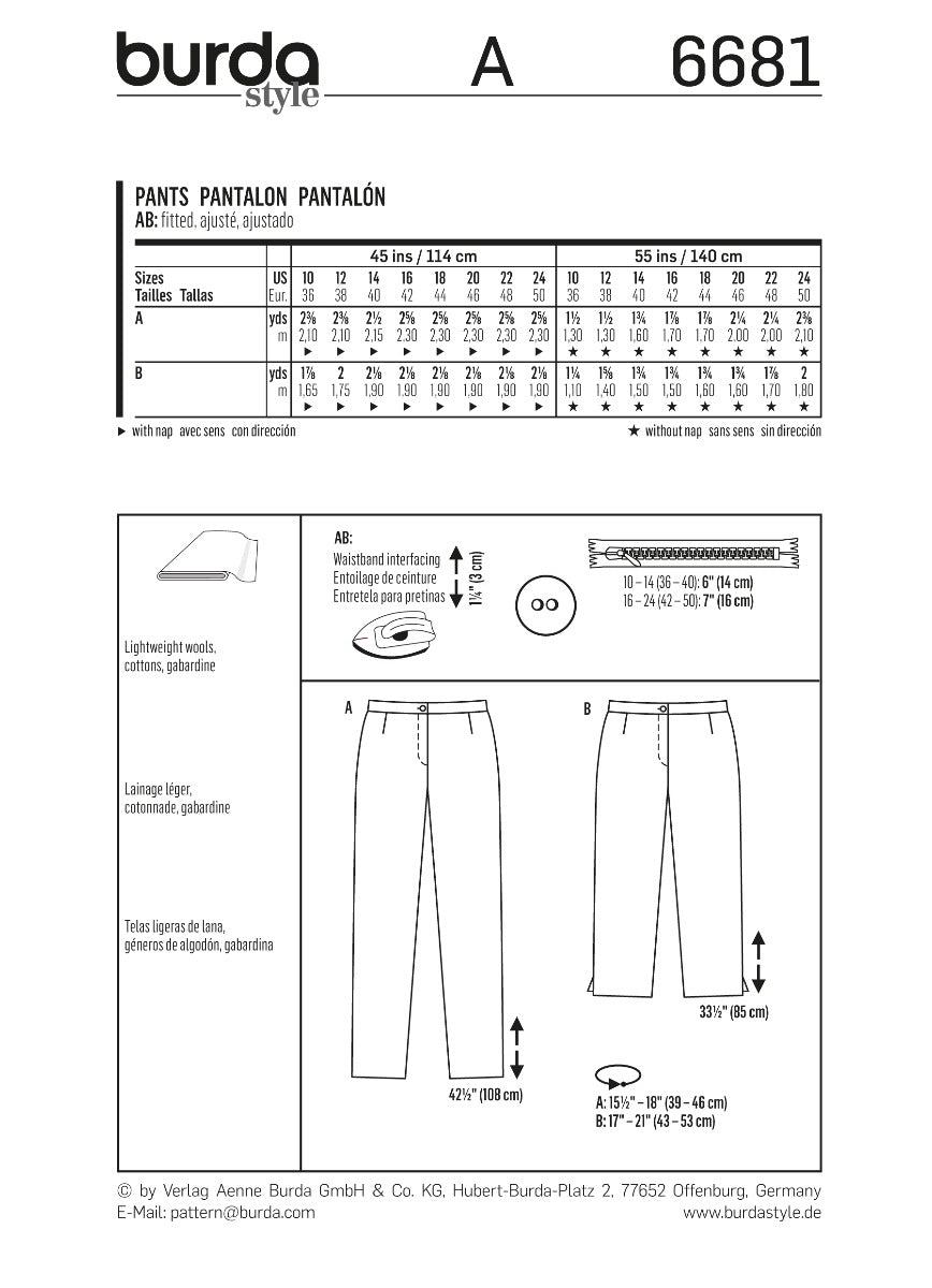 Burda Sewing Pattern 6681 Pants - Ribes y Casals