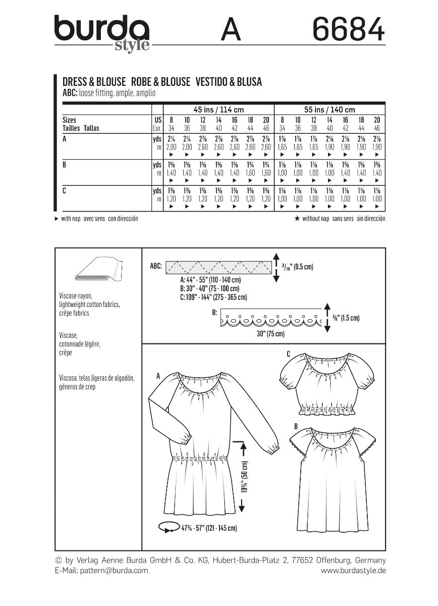 Burda Sewing Pattern 6684 Dress and Blouse - Ribes y Casals