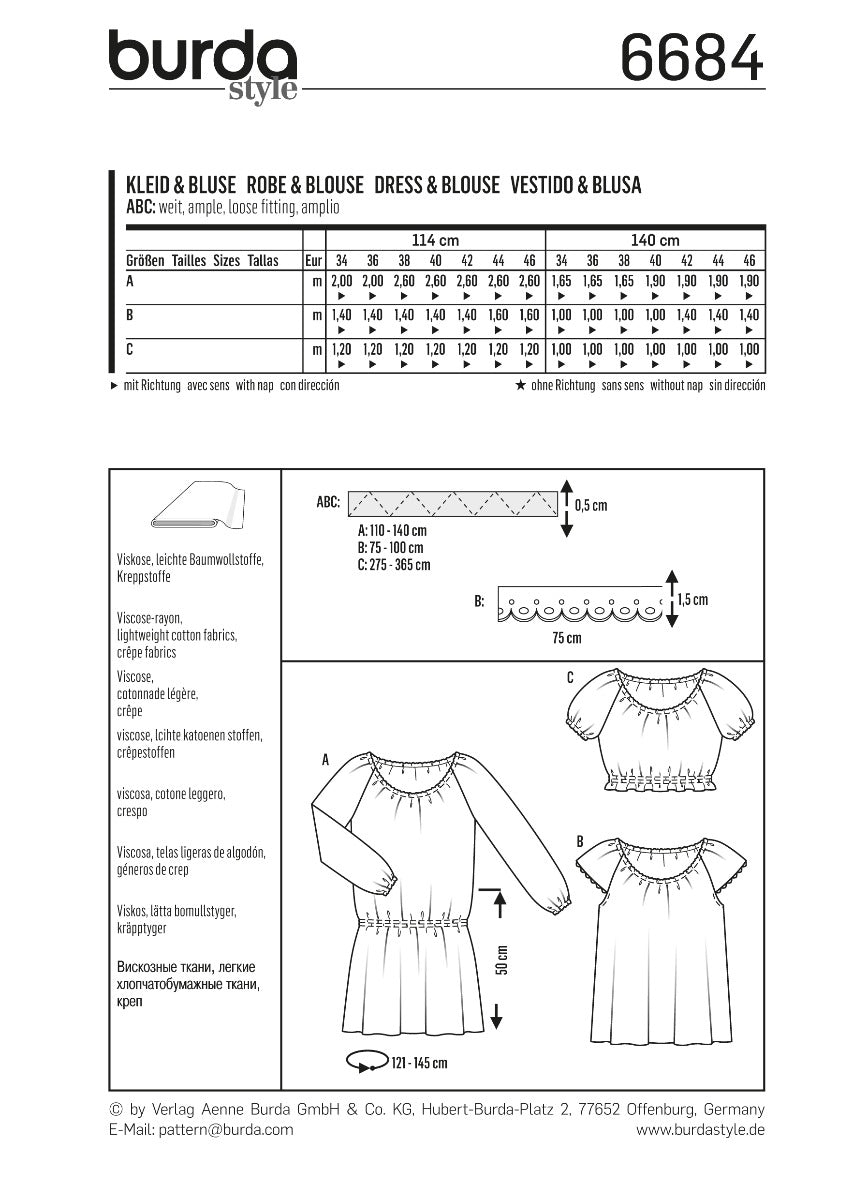 Burda Sewing Pattern 6684 Dress and Blouse - Ribes y Casals