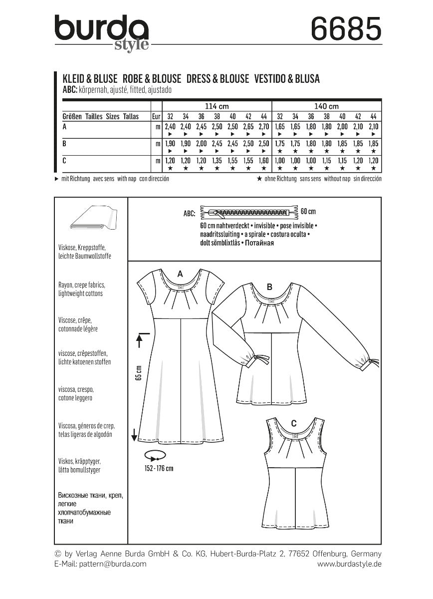 Burda Sewing Pattern 6685 Dress and Blouse - Ribes y Casals