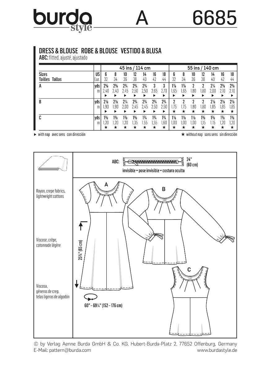 Burda Sewing Pattern 6685 Dress and Blouse - Ribes y Casals