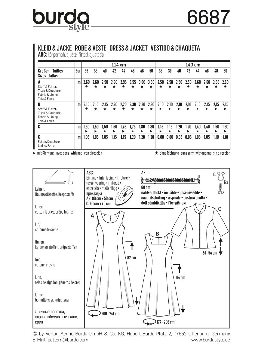Burda Sewing Pattern 6687 Dress and Jacket - Ribes y Casals