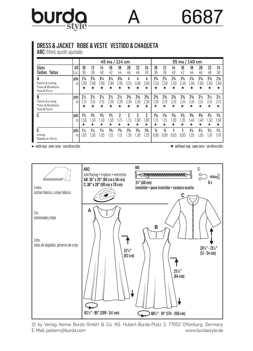 Burda Sewing Pattern 6687 Dress and Jacket - Ribes y Casals