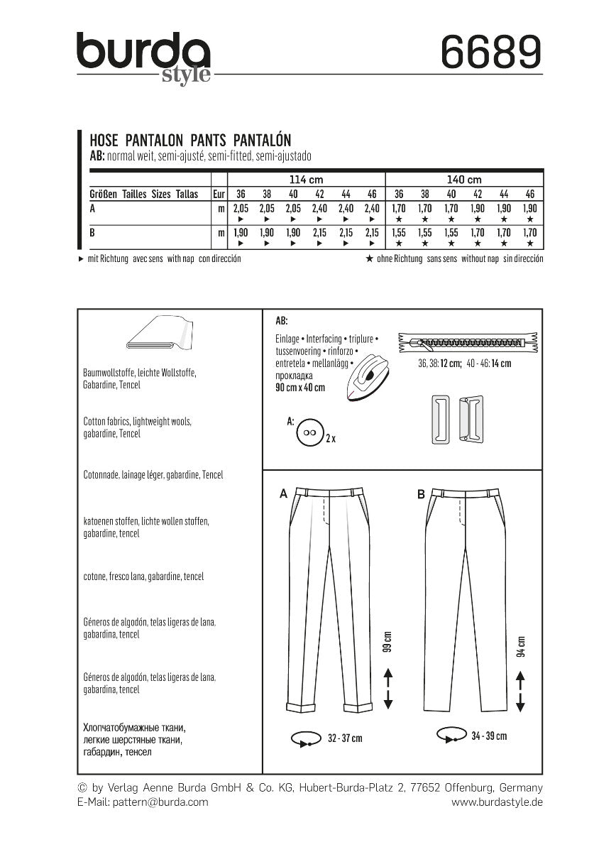 Burda Sewing Pattern 6689 Pants - Ribes y Casals