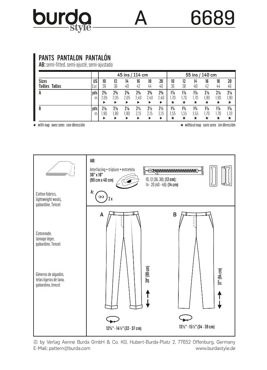 Burda Sewing Pattern 6689 Pants - Ribes y Casals