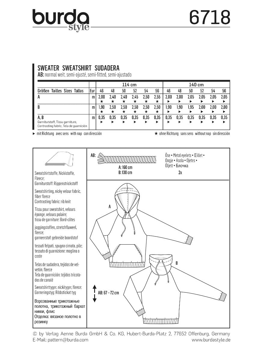 Burda Sewing Pattern 6718 Sweater - Ribes y Casals