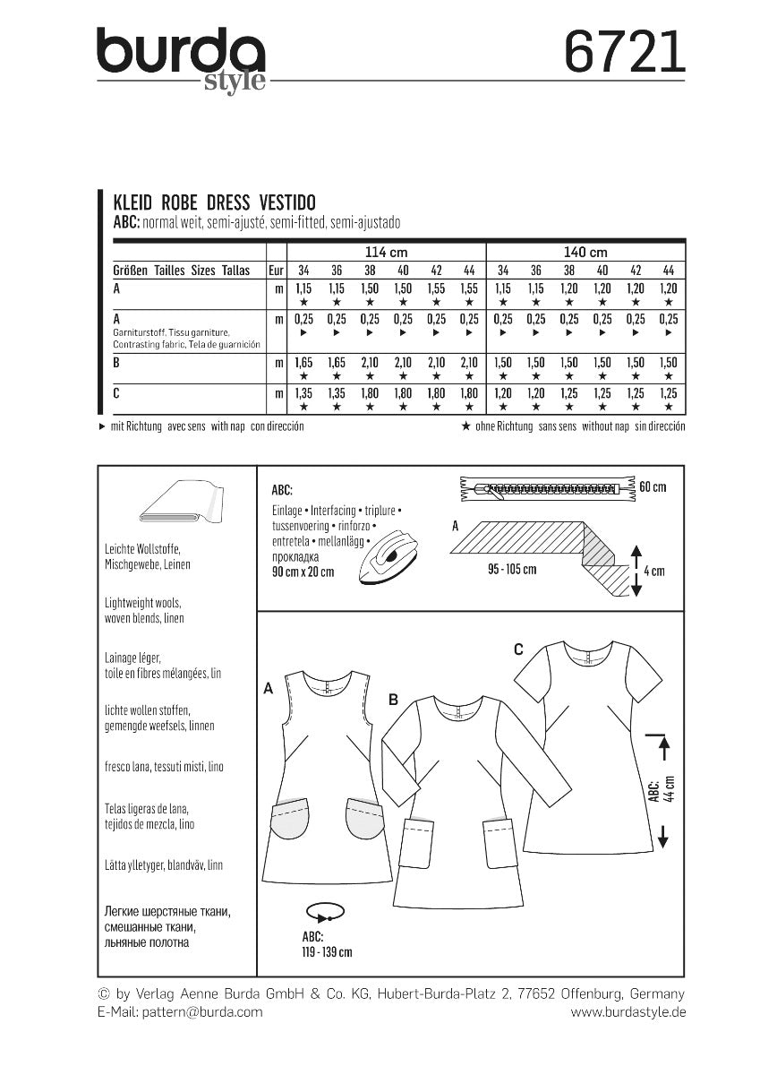 Burda Sewing Pattern 6721 Dress - Ribes y Casals