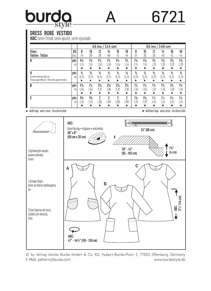 Burda Sewing Pattern 6721 Dress - Ribes y Casals