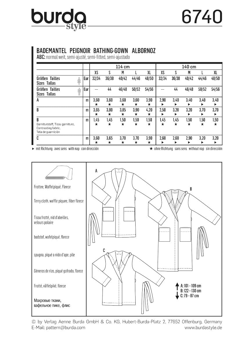 Burda Sewing Pattern 6740 Bathrobe - Ribes y Casals