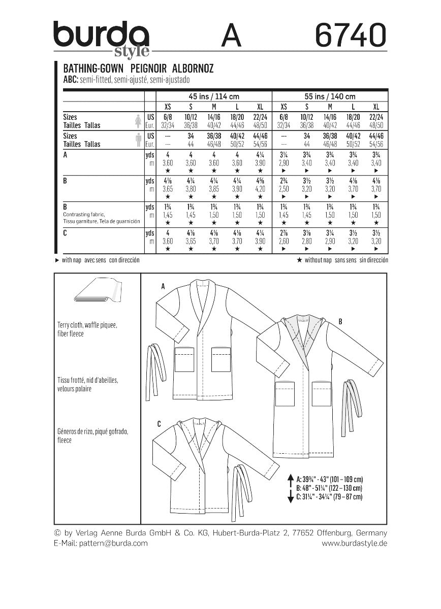 Burda Sewing Pattern 6740 Bathrobe - Ribes y Casals