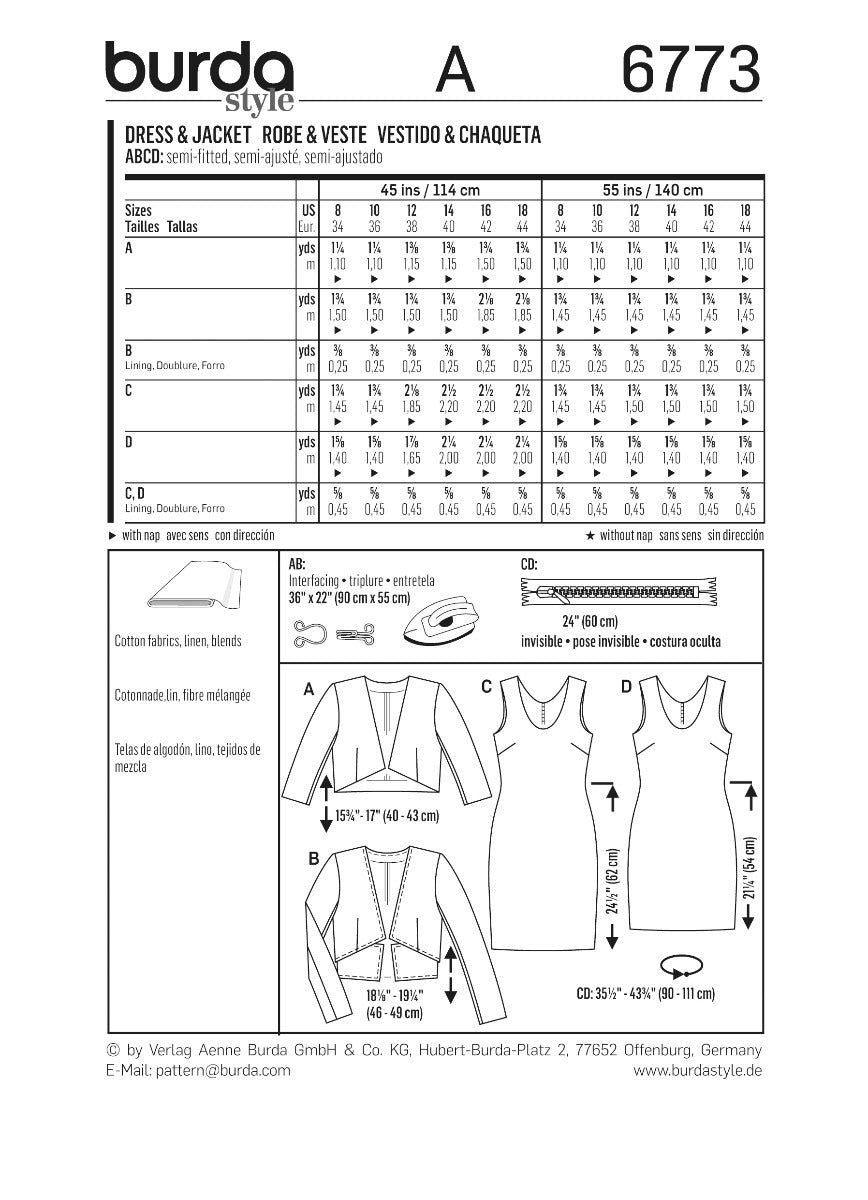 Burda Sewing Pattern 6773 Jacket and Dress - Ribes y Casals