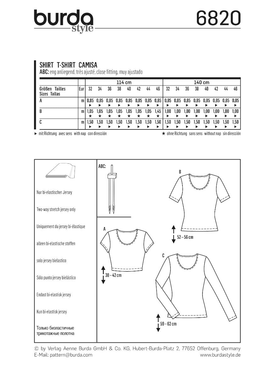 Burda Sewing Pattern 6820 Shirt - Ribes y Casals