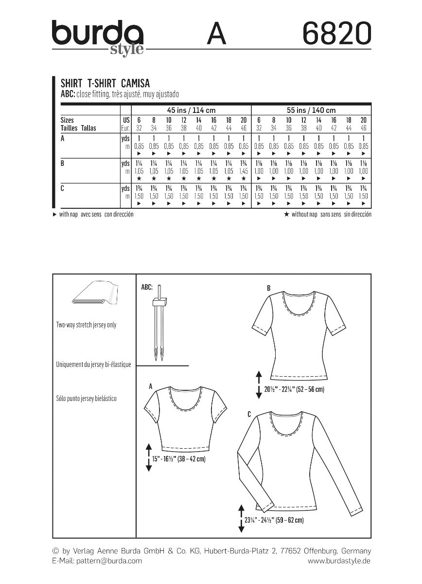 Burda Sewing Pattern 6820 Shirt - Ribes y Casals