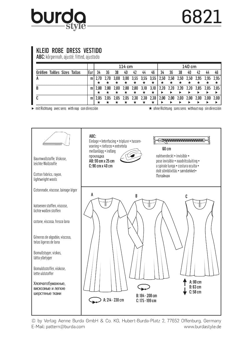 Burda Sewing Pattern 6821 Dress - Ribes y Casals