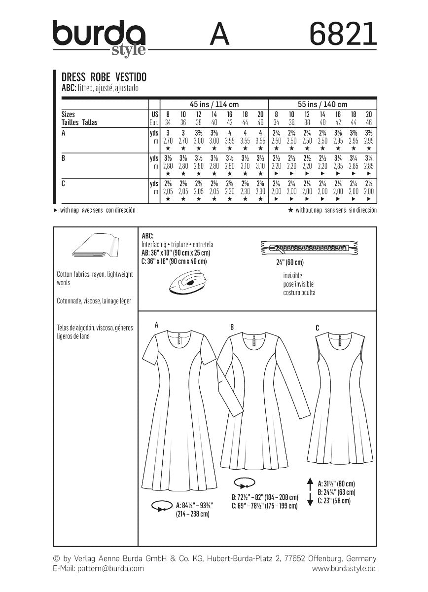 Burda Sewing Pattern 6821 Dress - Ribes y Casals