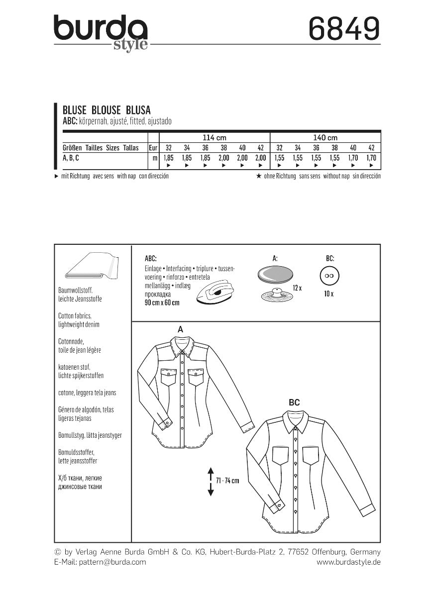 Burda Sewing Pattern 6849 Blouse - Ribes y Casals