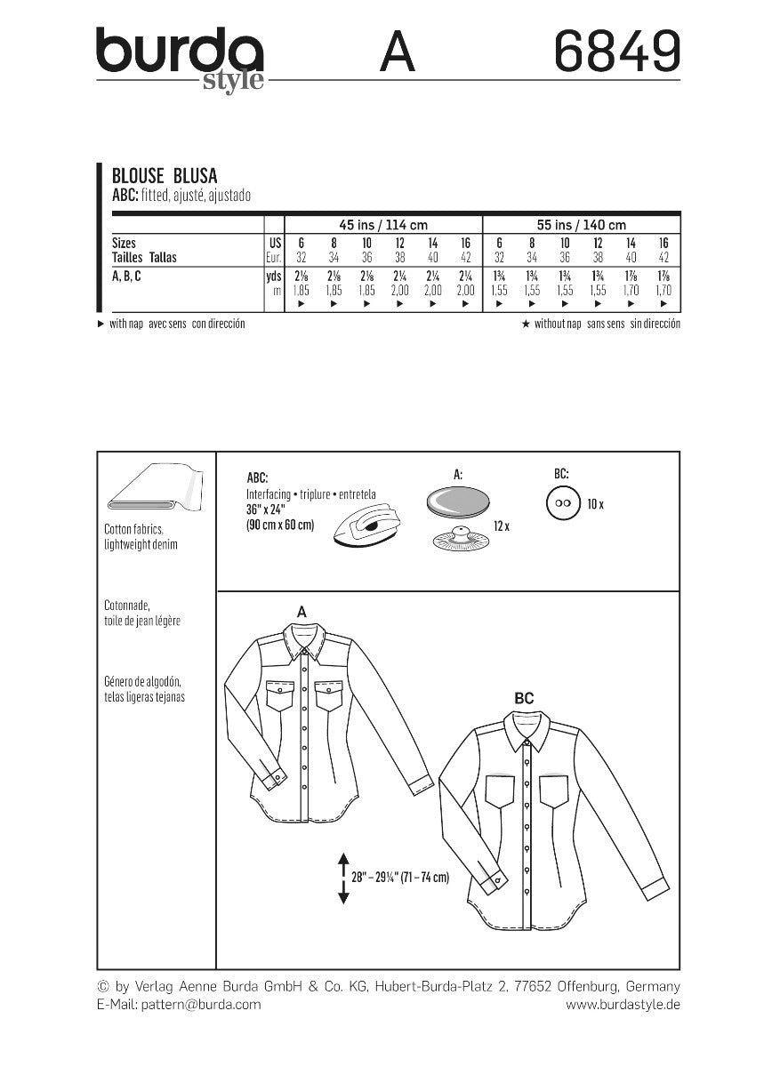 Burda Sewing Pattern 6849 Blouse - Ribes y Casals