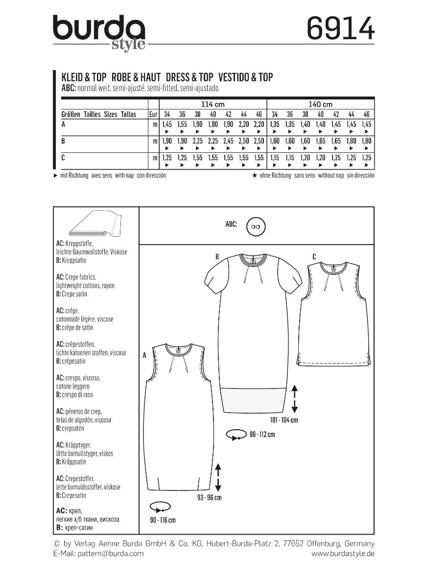 Burda Sewing Pattern 6914 Dress and Top - Ribes y Casals