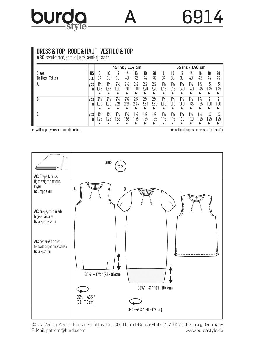 Burda Sewing Pattern 6914 Dress and Top - Ribes y Casals