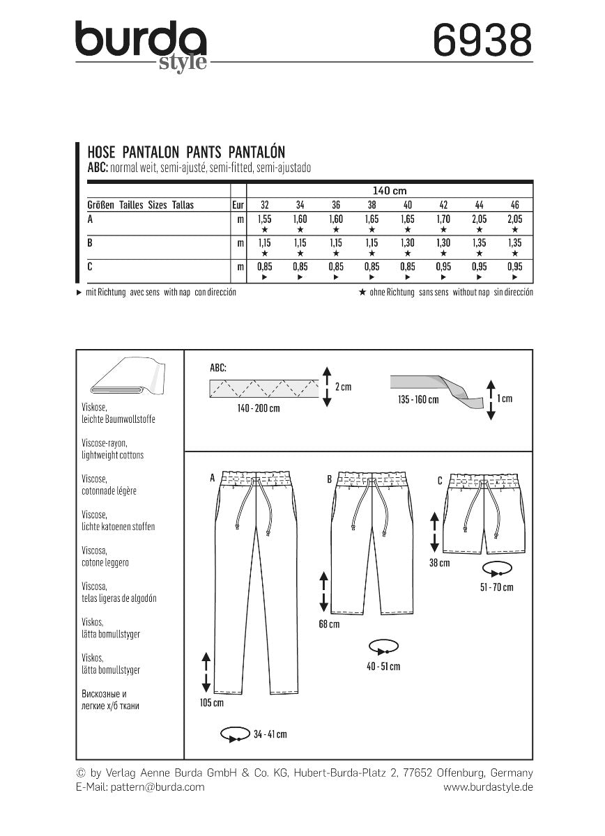 Burda Sewing Pattern 6938 Pants - Ribes y Casals