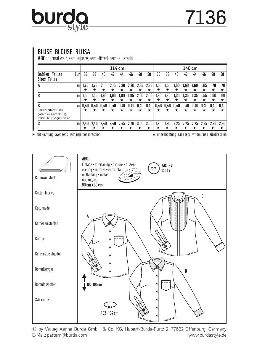 Burda Sewing Pattern 7136 Blouse - Ribes y Casals