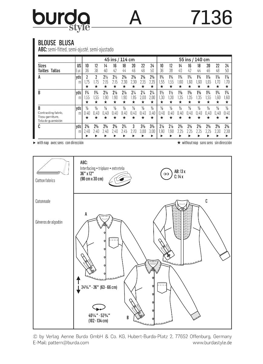 Burda Sewing Pattern 7136 Blouse - Ribes y Casals