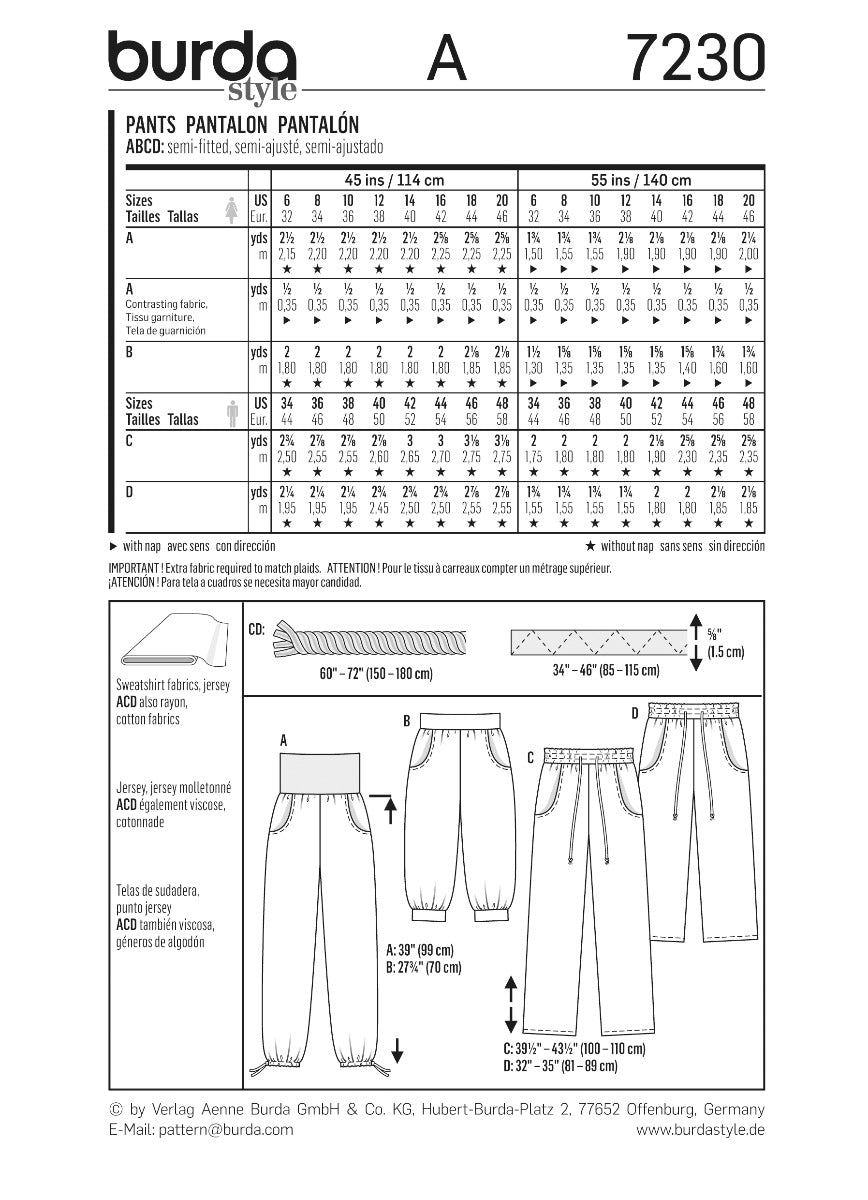 Burda Sewing Pattern 7230 Pants - Ribes y Casals