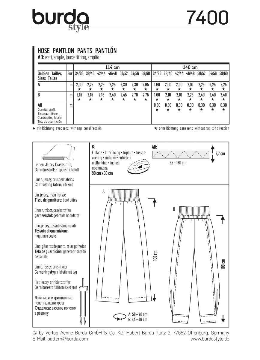Burda Sewing Pattern 7400 Pants - Ribes y Casals