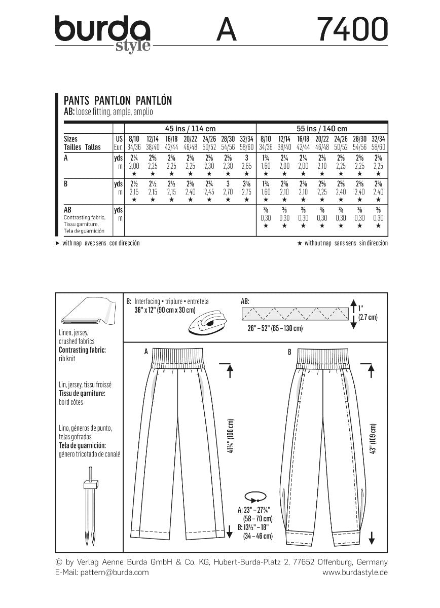 Burda Sewing Pattern 7400 Pants - Ribes y Casals