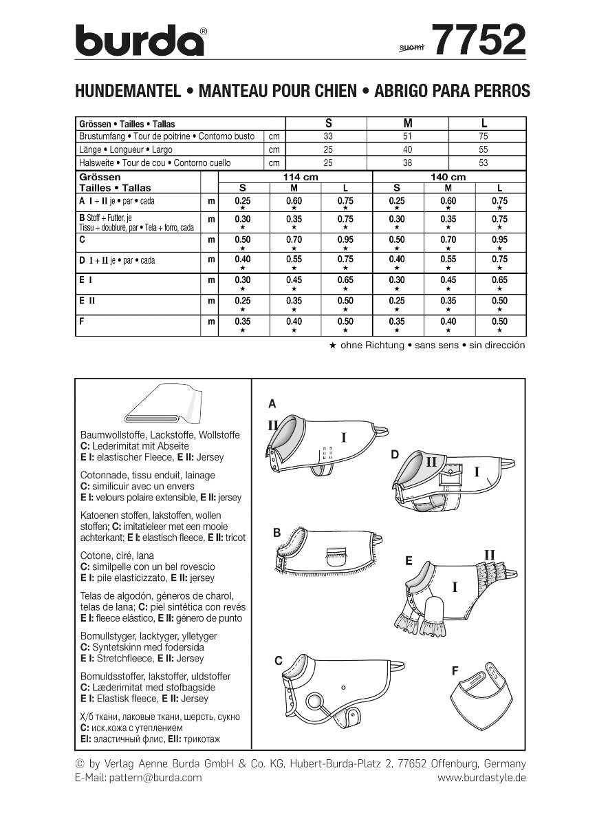Burda Sewing Pattern 7752 Dog Coat - Ribes y Casals