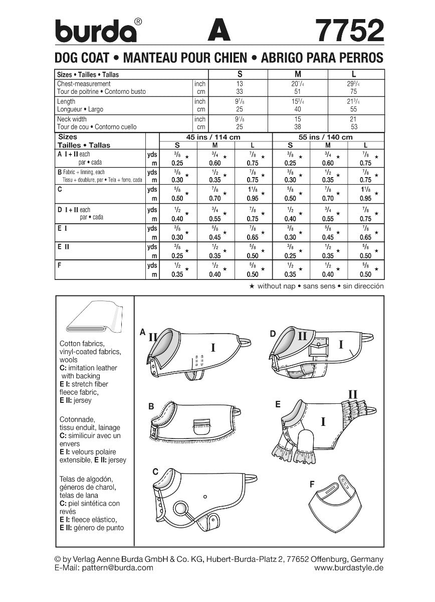 Burda Sewing Pattern 7752 Dog Coat - Ribes y Casals