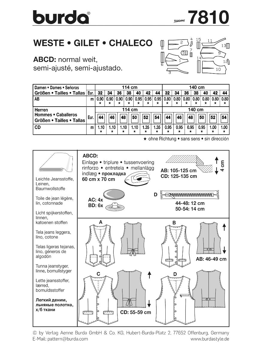Burda Sewing Pattern 7810 Vest - Ribes y Casals