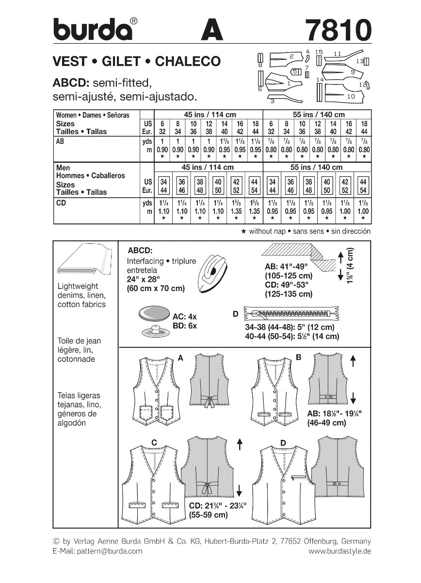 Burda Sewing Pattern 7810 Vest - Ribes y Casals