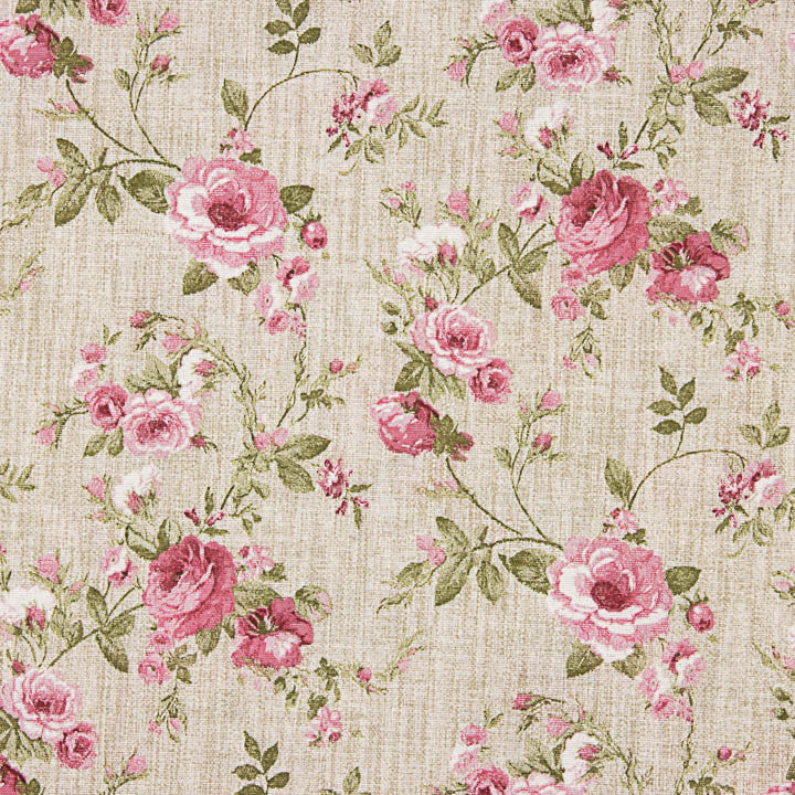 Printed Cotton Canvas with Roses on a Pink Linen Fabric Background - Ribes y Casals