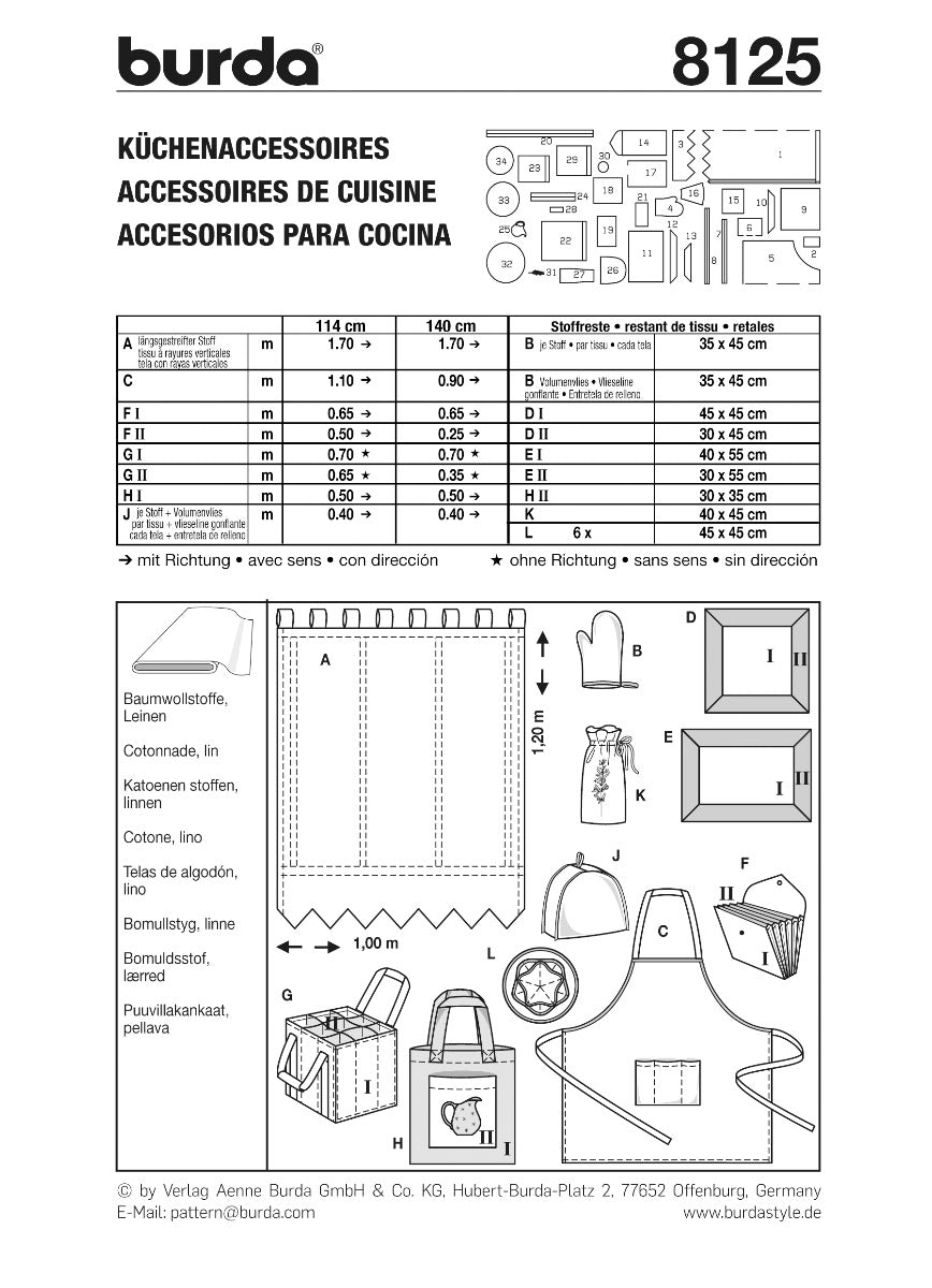 Burda Sewing Pattern 8125 Kitchen Accessories - Ribes y Casals
