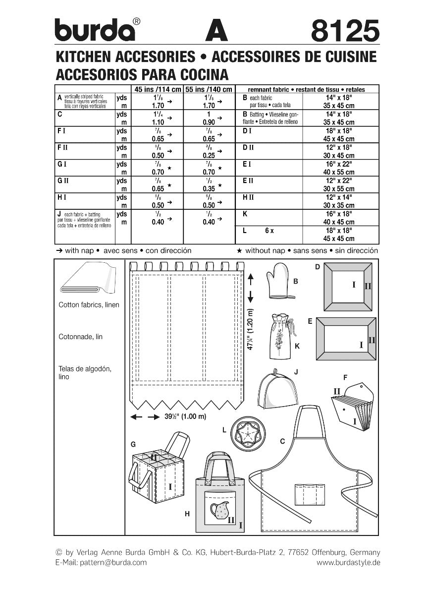 Burda Sewing Pattern 8125 Kitchen Accessories - Ribes y Casals