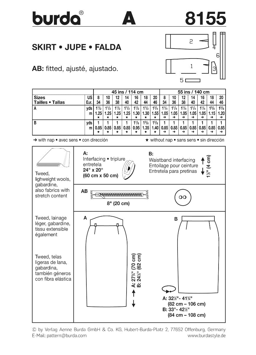 Burda Sewing Pattern 8155 Skirt - Ribes y Casals