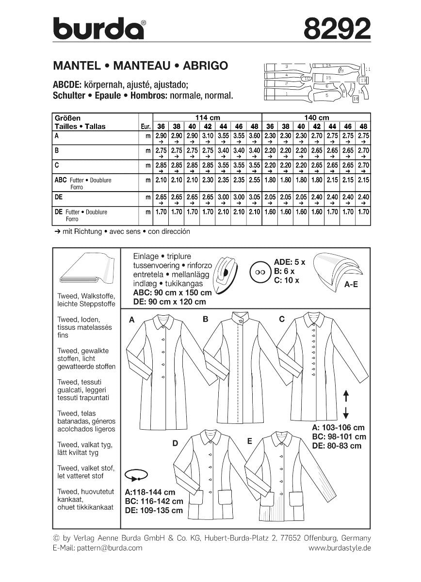 Burda Sewing Pattern 8292 Coat - Ribes y Casals