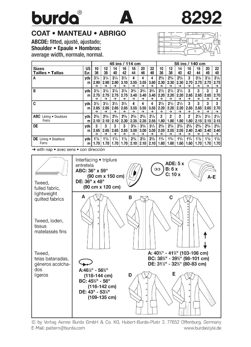 Burda Sewing Pattern 8292 Coat - Ribes y Casals