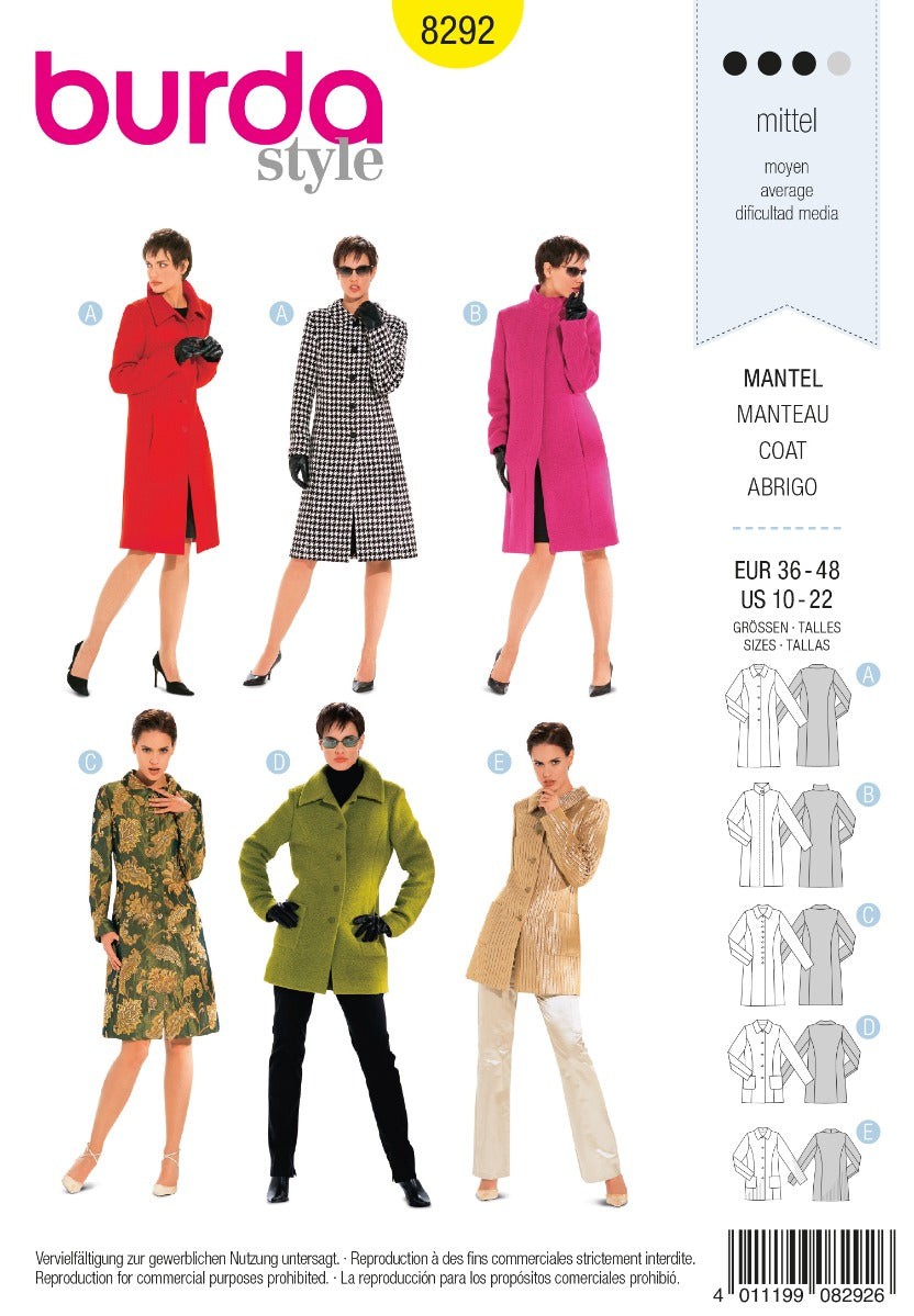 Burda Sewing Pattern 8292 Coat - Ribes y Casals
