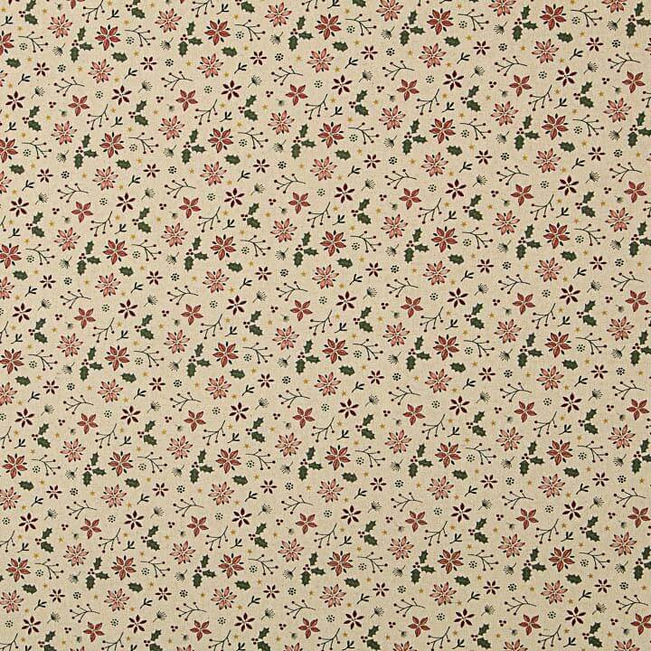 Christmas Cotton Poplin with Floral Design and Holly - Ribes y Casals